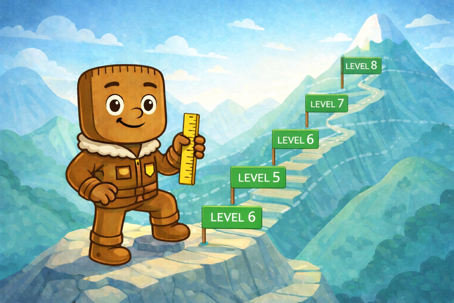 Rula the Math Quest Tracker character holding a ruler with mountain path