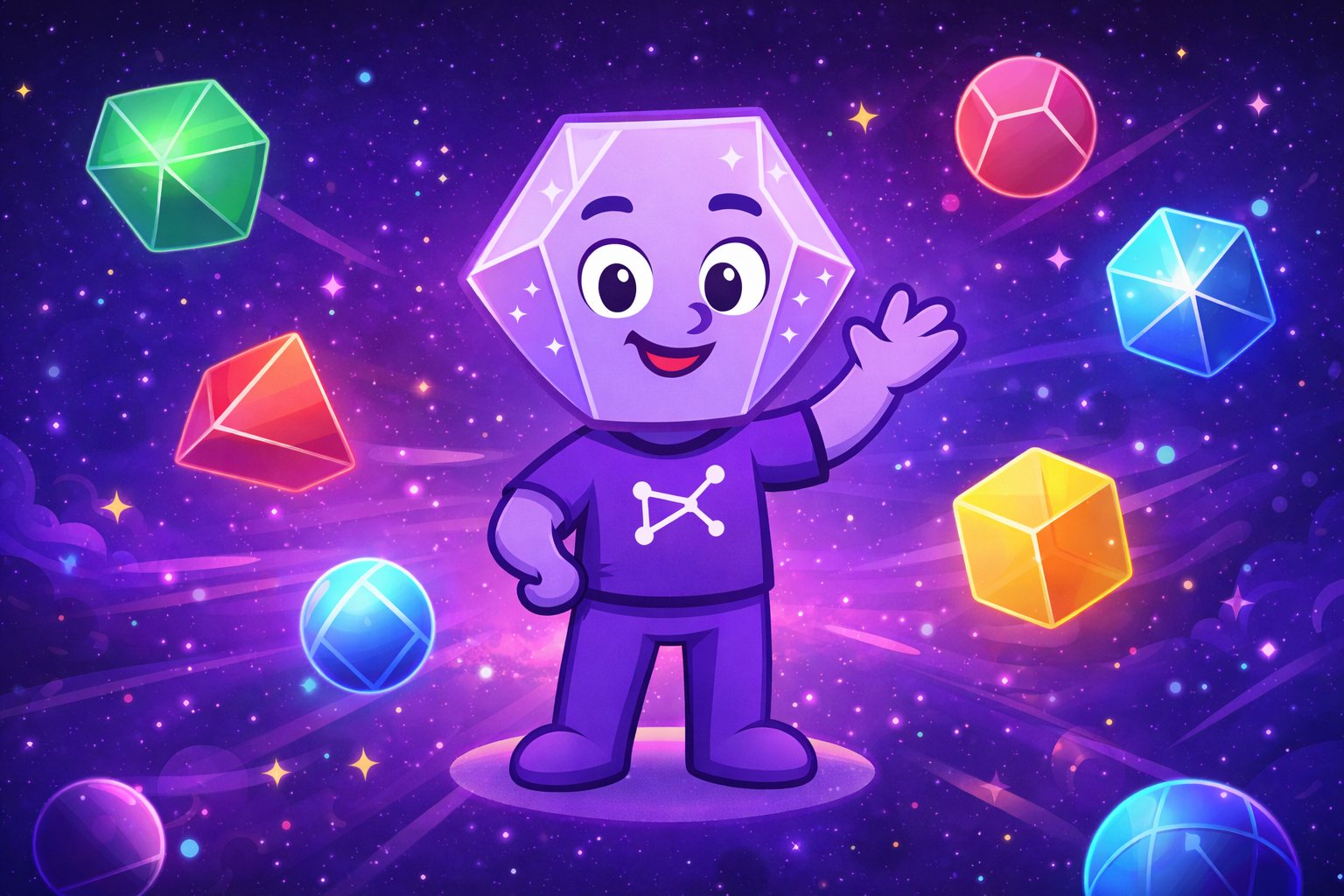 Colorful geometric characters in space surrounded by cubes, pyramids, and spheres