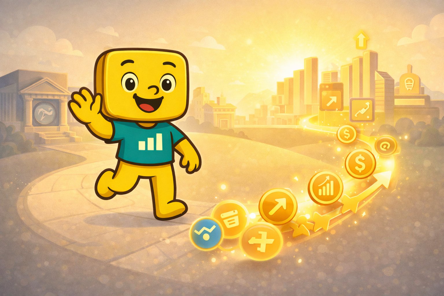 Math Quest Bank character with financial growth symbols