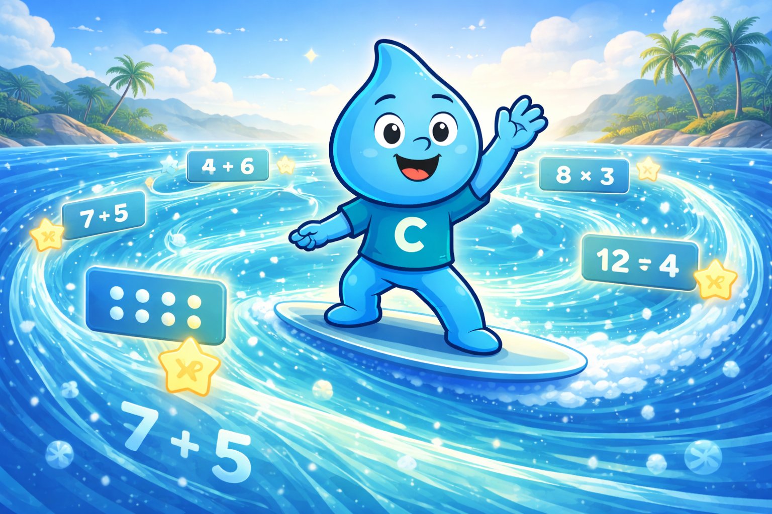 Ripple character surfing on waves with floating math problems