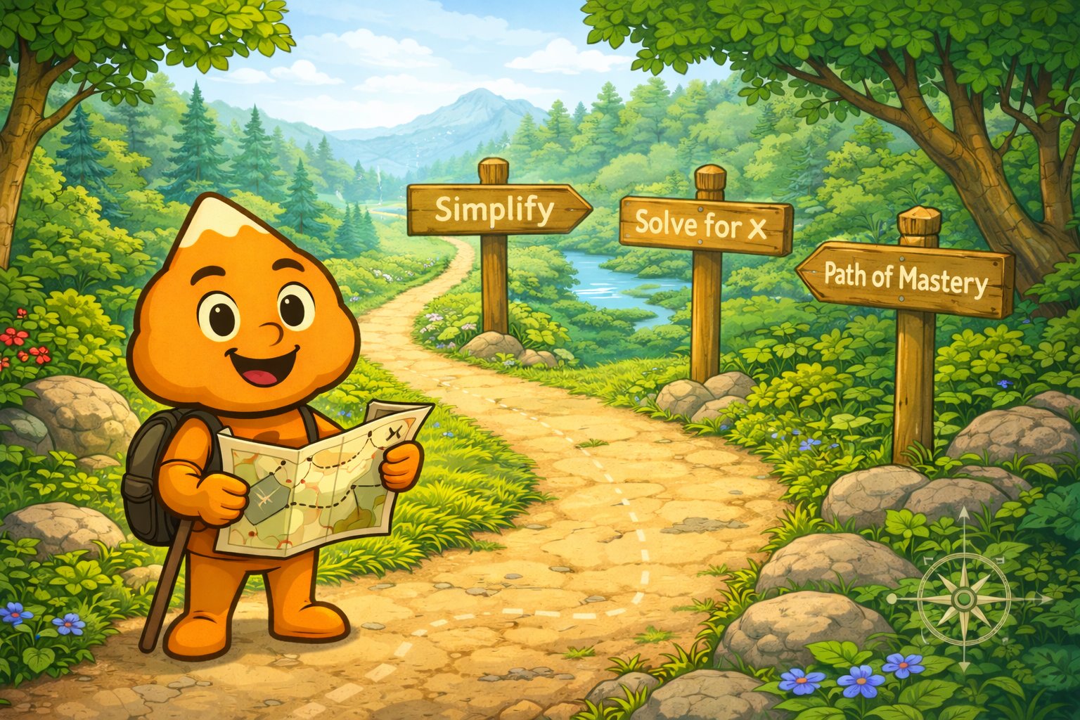 Orange triangle character with backpack and map at forest crossroads